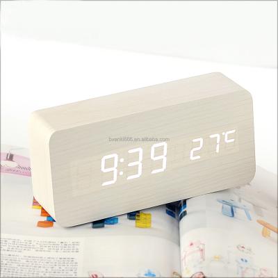 China Calendars Voice Control Thermometer Calendar Desk and Wooden Table Clocks LED Alarm Clock for Home Office for sale