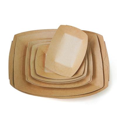 China Factory Price Recyclable Food Disposable Biodegradable Water Coated Kraft Paper Ship Tray Food Packaging Boxes for sale