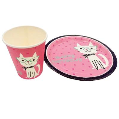 China Eco-Friendly Wholesale Biodegradable Fiber Bagasse Disposable Sugar Cane Pink Cat Dishes For Baby Parth Birthday for sale