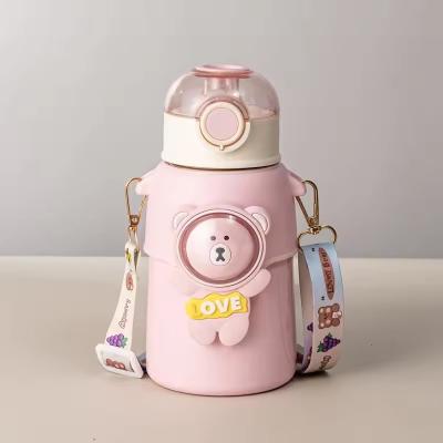 China Children's Straw Water Cup With Strap Thermal Insulation Cute Cartoon Bear Insulated for sale