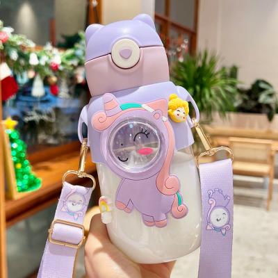 China PC Material Cute Design Cartoon Plastic Water Bottle BPA Free Cup with Strap and Straw for sale