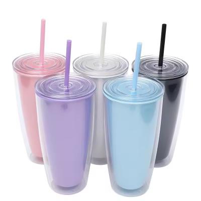 China Big Belly Cup 24oz Double Wall Plastic Water Bottle With Straw and Customized Color for sale