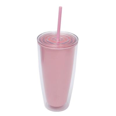 China 24 oz Double-walled Reusable Plastic Cups With Lids And Straws Drinkware With Straw for sale