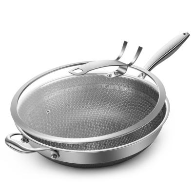 China 316 Stainless Steel Double Layers Wok Household Non-stick Frying Pan with Glass Lid for sale