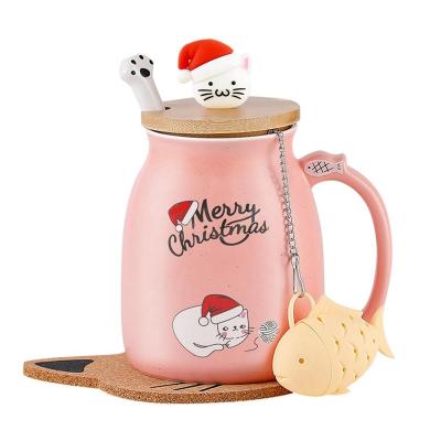 China Personalizado 380ml linda caneca rosa de Natal gato cerâmica caneca de café com colher de aço inoxidável à venda