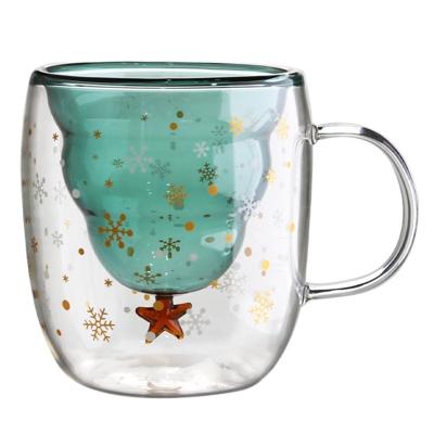 China Custom Weihnachtsgeschenk 200ml Doppelwand Glas Kaffeetasse mit Weihnachtsbaum Design zu verkaufen