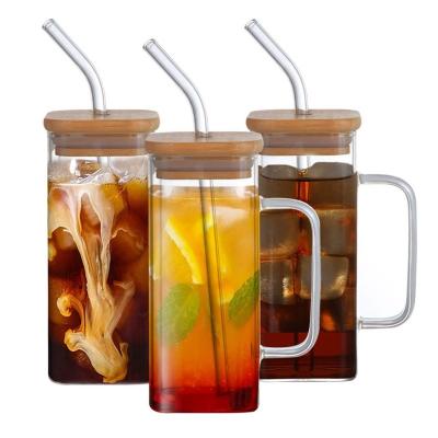 China 350 ml Quadrat Bier Soda Kaffeekanne Glas Pint Tumbler mit Bambusdeckel Strohstock zu verkaufen