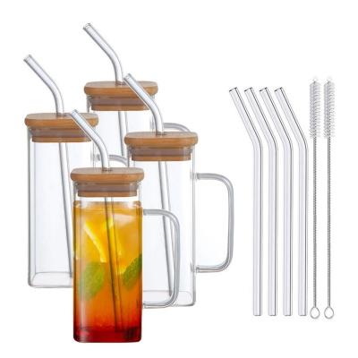 China Party Gelegenheit 350ml Custom Clear Square Glass Cold Beer Mug mit Bambusdeckel und Stroh zu verkaufen