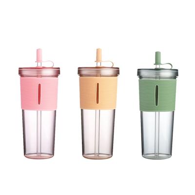 China 700ml Clear Bpa Free Juice Drinking Water Bottle Tumbler Cup With Straw And Sleeve for sale