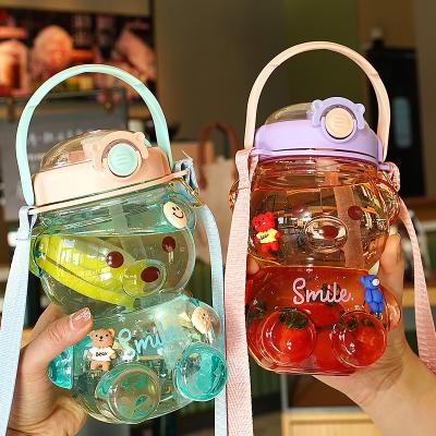 China Gym Summer Kids Portable Cute Bear Shape Water Bottle with Straw 1000ml Large Capacity for sale