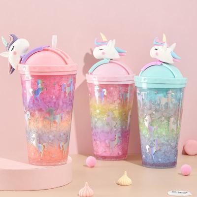 China 430ml Double Wall Plastic Cold Drink Ice Cream Cup with Straw Adorable Unicorn Design for sale