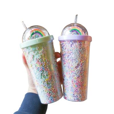 China Direct Drinking Double Wall Dome Acrylic Milk Tea Cup With Sequins Color Customized for sale