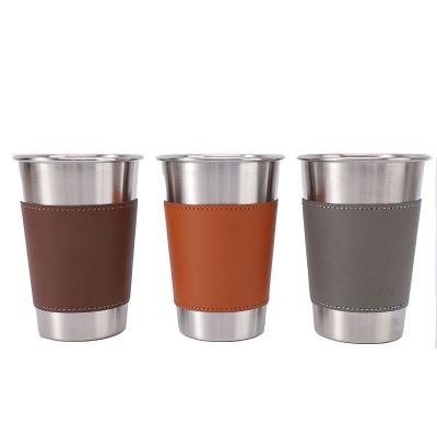 China 170ML 330ML 500ML Stainless Steel Beer Mug Portable Camping Water Cup With Leather Case for sale