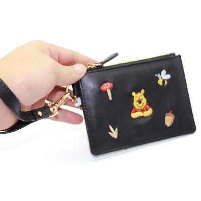 China Embroidery Leather Credit Card Holder Wallet for Women RFID Blocking Travel Purse Zipper Embroidery Black Slim Wallets for sale