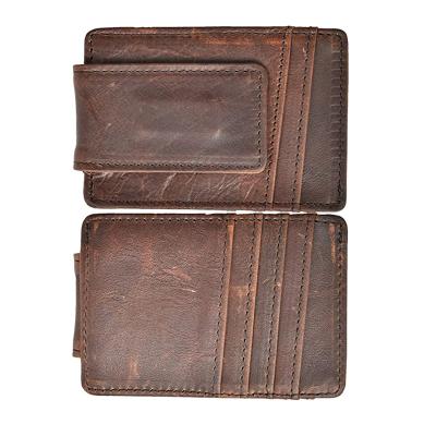 China Money+credit Hold Card Crazy Horse Real Leather Men's RFID Blocking Magnet Wallet Credit Card Money Clip Custom Logo for sale