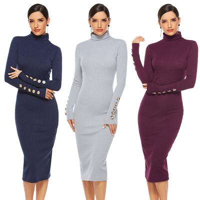 China Foreign Trade Anti-static Women's Clothing Fashion Basic Sweater Skirt Stretch Long Sleeve High Neck Knitted Dress for sale