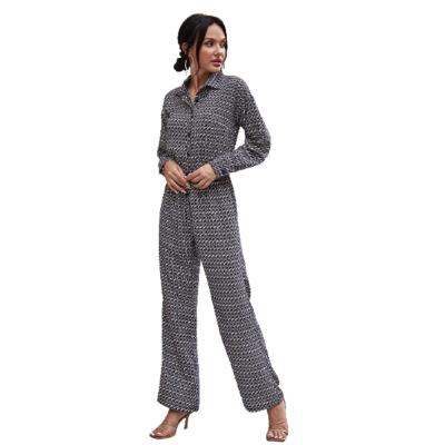 China Trade Autumn Breathable Thin Outdoor Wide-Leg Fit Overalls Jumpsuit Button Printing Long-Sleeved For Women for sale