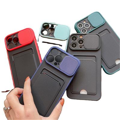 China Shockproof Slide Camera Protection Case For iPhone 14 13 Pro Max 12 11 XR XS X SE 2 6S 7 8 Plus Wallet Card Holder Silicone Cover for sale