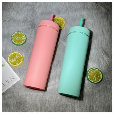 China Wholesale 16oz Disposable Double Wall BPA Pastel Colors Plastic Matte Free Tumbler Bottle With Straw And Lid for sale