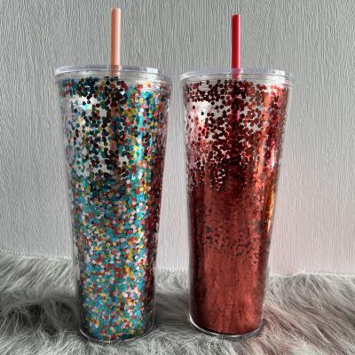 China Amazon Wholesale Disposable Bling Colors Plastic Iridescent Double Wall 24oz Drink Tumbler Cup With Straw And Lid for sale