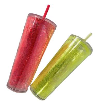 China High Level Disposable Transparent Large Capacity Straw Water Cup Double Layer Portable Cup With Lid for sale