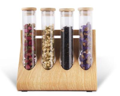 China Viable Upright Glass Jars With Wood Cover For Coffee Nuts Candy Tube Style Glass Food Storage Canister for sale