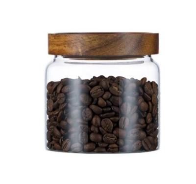 China 1000ml Clear Glass Jars Airtight Viable With Lids Coffee Tea Canisters Wooden Food Storage Canisters for sale