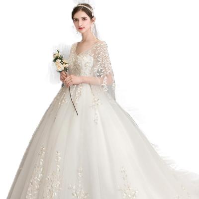 China Simple Design Fatasy V-Neck Gauze Long Sleeve Cute Ball Gown Anti-Static Fairy Wedding Dress From China Factory 2021 for sale