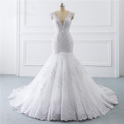 China XMN 2021 Backless Women Plus Size Wedding Dress Anti-Static Mermaid Beads V Neck Lace White Wedding Dresses for sale