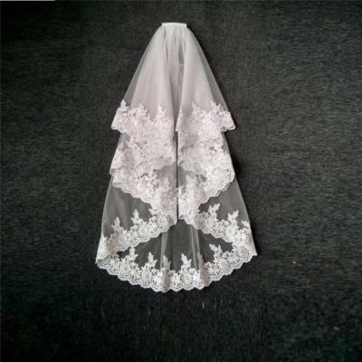 China Lace Style Wedding Bridal Veils 2021 Wedding Accessories Ivory/White Short Edge Two Layer Bridal Veil Tulle Lace Wedding Veil With Comb for sale