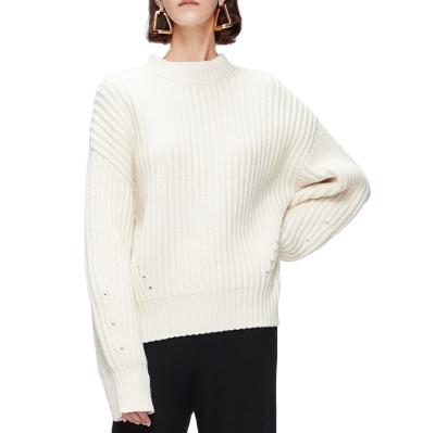 China White Drop Shoulder Women's Anti-Pilling Crewneck Cashmere Sweater for sale