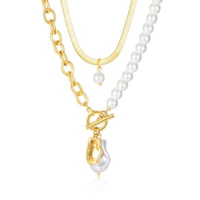 China TRENDY Clavicle Chain Fashion Lerca Double Layer Pearl Necklaces Pendants Necklace Jewelry Stainless Steel Retro Necklace for sale