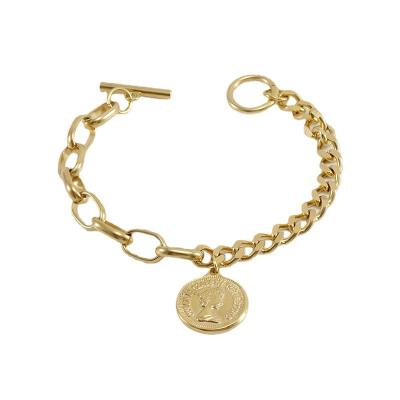 China Lerca Punk Fashion 18k Gold Portrait Coin Style Fashionable Ladies Stainless Steel Link Chain Bracelet Gold Vermeil Bracelet for sale