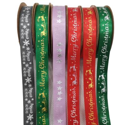 China Eco-friendly 15mm Customized Polyester Printed Christmas Satin Ribbon Simple Face Printing For Decoration DIY Gift Wrapping for sale