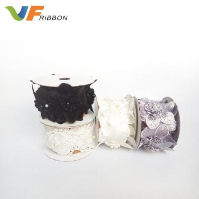 China Eco-friendly 50mm, 60mm New Arrival Embroidery Lace Trims Chiffon Flower Lace Embroidery Pearl Lace Trims for sale