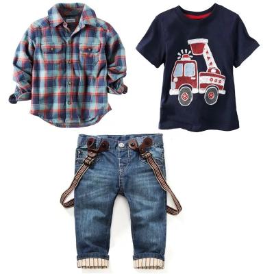 China Super Soft Plaid Shirt Jeans Clothes Sets Summer Baby Casual Suits 3-8 Years Suspender Pants for sale