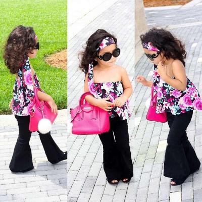 China Casual Babies Suit Elastic One-Shoulder Rose Printed Top Hoop Pants Three Piece Set for sale