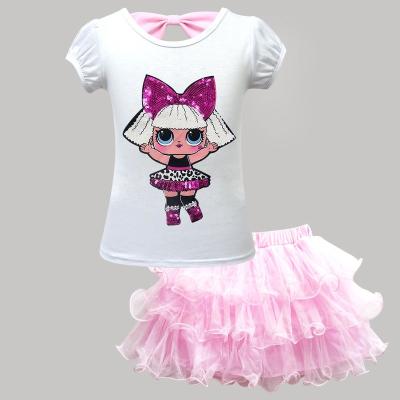 China Summer Cartoon Pattern Kid Girl Costume Casual Sequined Skirt Set Short Sleeve Gauze Pettiskirt for sale