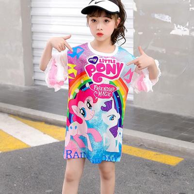 China Lovely Little Girl Cartoon Printed Anti-pilling Long T-shirt Dress Lace Kids Summer Shirt for sale