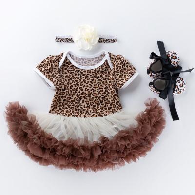 China Leopard Print Baby Kids Girl Dress Mesh Edge Super Soft Rompers Clothing Set 4 Pieces for sale