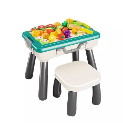 China Plastic Kids Pretend Food Set For Play Kitchen With Multi Functional Fruit Drawing Board Learning Game Table And Chair Toy Set for sale