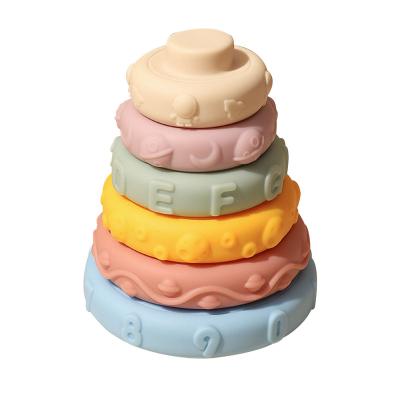 China Early Educational Silicone Tooth Relieving Building Toys Toothache Irritating Toys Rainbow Stacking Ring Tower Game Blocks Baby Toy for sale