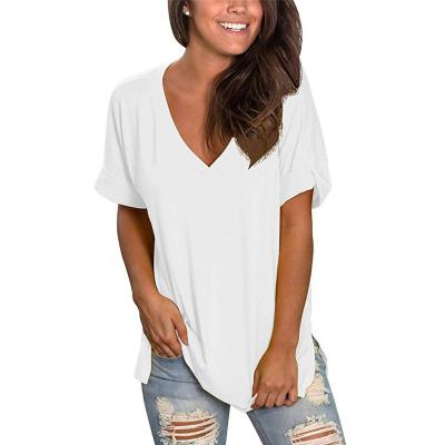 China High Quality Anti-Wrinkle Single Sleeve Short Side Split Tops Womens Casual 100% Cotton V-Neck T-Shirt for sale