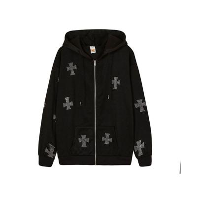 China Breathable Cross Pattern Hoodie Women's Winter Street Wear Oversized Black Simple Strings Zip Up Rhinestone Hoodie for sale