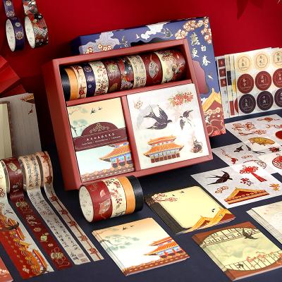 China Custom Sticker Antique Style Sticki Self Adhesive Chinese Note Washi Tape Sticky Vintage Stationery Set Gift Box for sale