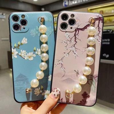 China Hot Selling Anti-drop Pearl Strap Shiny Chain Soft Phone Case For 12 Pro Mini 11 Pro XR Max X XS 7 8 Max Plus 6S for sale