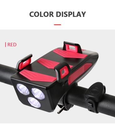 China Phone Holder LED 4 In 1 Front Light With Horn Phone Holder Waterproof Power Multifunctional Bicycle Bike Headlights for sale