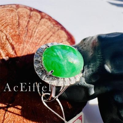 China Vintage 18K White Gold Plated Certified Natural Jadeite Burma Green Jade Diamond Halo Ring Women Jewelry for sale