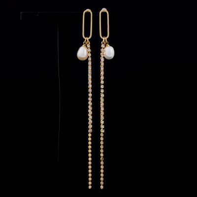 China Real Gold Freshwater Pearl Jewelry 0.05 Micron 18k Stones Crystal Hanging Earrings Custom Fancy Trendy Long Tennis Chains for sale