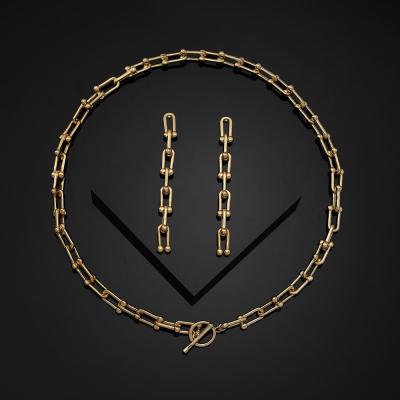 China Custom Hiphop 18k Gold Solid U Bar Locked Chain Necklace Lobster O/Tbar With Chain Earring For Fashion Jewelry Set Women Men for sale